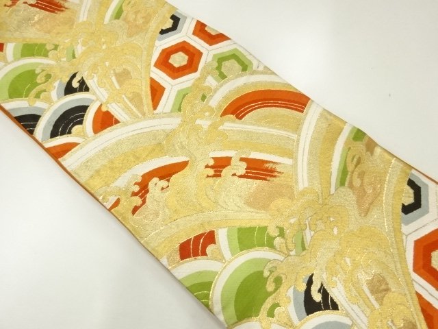JAPANESE KIMONO / ANTIQUE FUKURO OBI / SILK / WOVEN RAGING WAVES